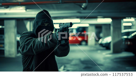 Robber with black balaclava aiming with pistol the victim. Hooded armed man thief killer in leather jacket holds gun in gloved hand. 117537553
