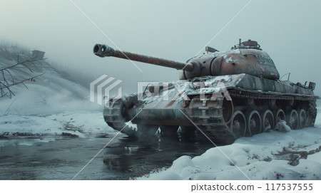 A tank on a winter battlefield stands in the snow during the day 117537555