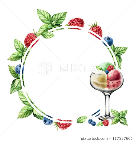 Frame, logo with glass bowl with scoops of vanilla, mint, strawberry, blueberry, raspberry ice cream. Hand painting sweet watercolor illustration isolated on background. For designers, menu, shop 117537605