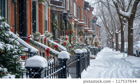 Row of colorful Brooklyn, New York town houses with snow in winter 117537644
