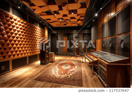 Recording studio room with wooden walls recording equipment and carpet on the floor 117537647