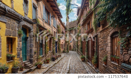 Flowery streets on a rainy spring day in a small magical village 117537648