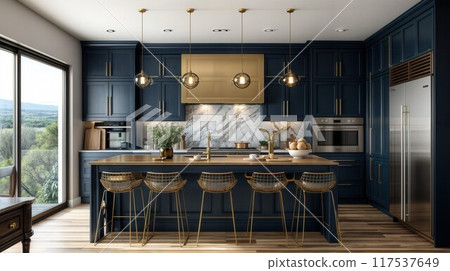 Beautiful kitchen in a new house with wooden floors and accents, white counters, cabinets and back tiles. Beautiful kitchen in a new house with wooden floors and accents, white counters, cabinets and back tiles. 117537649