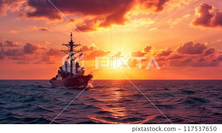 Silhouette of warship sails in the sea when the red light of civil twillight brace upon the sea surface Silhouette of warship sails in the sea when the red light of civil twillight brace upon the sea surface 117537650
