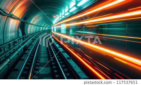 Motion blur of train moving inside tunnel in Tokyo, Japan 117537651