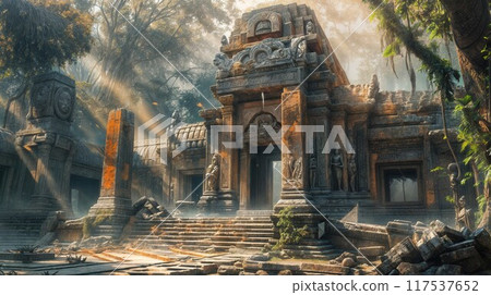 Majestic temple ruins overgrown by towering trees in the heart of the Cambodian jungle, showcasing the power of nature over man-made structures 117537652