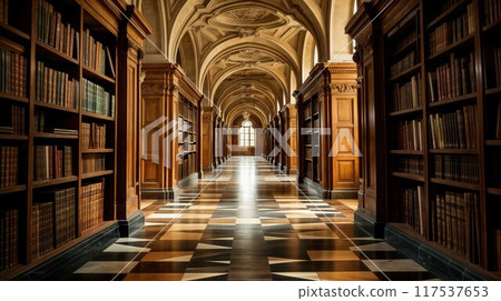 Old library with wooden shelves perspective thousands of old books with brown colors 117537653