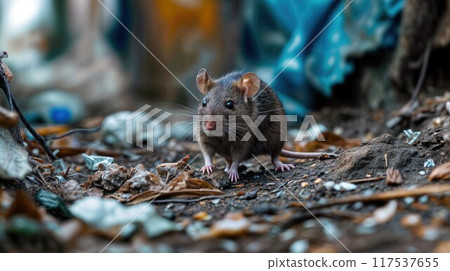 Rat on area that was filled with sewage, smelly, damp, and garbage bags. Referring to the problem of rats in the city 117537655