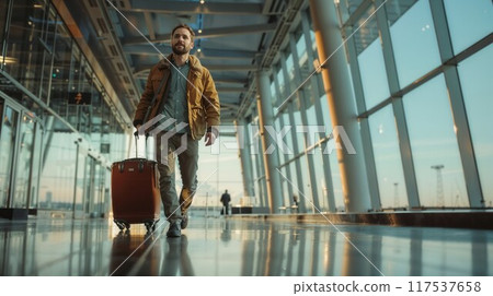 Panoramic view of caucasian man walking through airport boarding gate ready for his next adventure with blue suitcase. People travel concept Panoramic view of caucasian man walking through airport boarding gate ready for his next adventure with blue suitcase. People travel concept 117537658