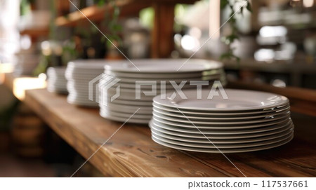 Group of white plates stacked together in a hotel and blurred background Catering buffet food dish with food on a table Group of white plates stacked together in a hotel and blurred background Catering buffet food dish with food on a table 117537661