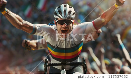 Young handsome man wearing cyclist safety helmet celebrating surprised and amazed for success with arms raised and open eyes. Winner concept 117537662