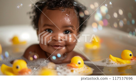 baby infant taking bath, looking upwards and playing 117537696