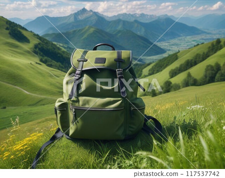 Hiking backpack during trek in mountains. Camping and trekking equipment 117537742