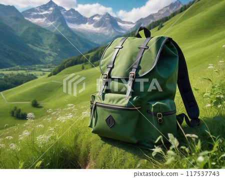 Hiking backpack during trek in mountains. Camping and trekking equipment 117537743