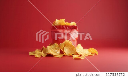 Potato chips in a red bag on a red background Potato chips in a red bag on a red background 117537752