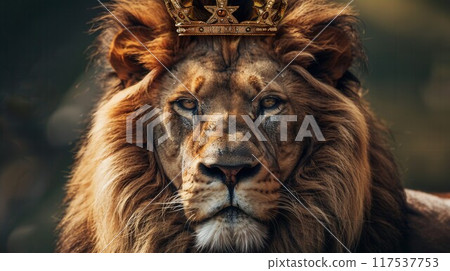 Male lion with battle scars wearing a king of the jungle crown Male lion with battle scars wearing a king of the jungle crown 117537753