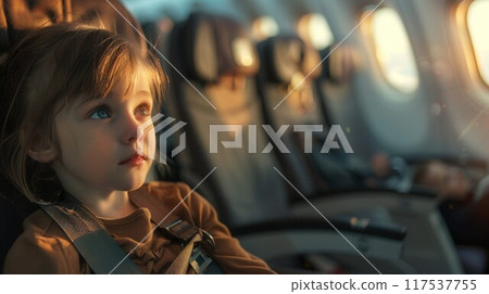 A young girl is sitting in an airplane seat 117537755