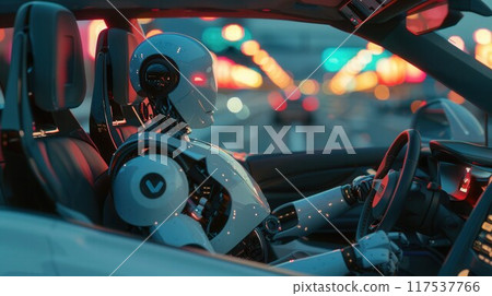 Robot in a car with hands on a steering wheel. Artificial intelligence drives a car. Autonomous vehicle concept Robot in a car with hands on a steering wheel. Artificial intelligence drives a car. Autonomous vehicle concept 117537766