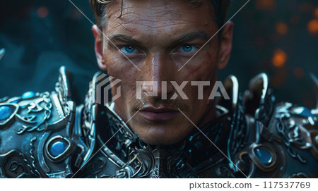 Close-up. Portrait of one brutal bearded man, medeival warrior or knight with dirty wounded face Close-up. Portrait of one brutal bearded man, medeival warrior or knight with dirty wounded face 117537769