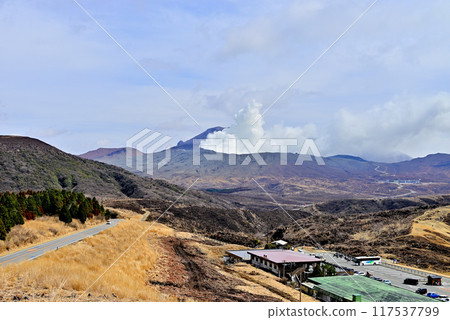 Mt. Aso emitting smoke from Kusasenri Observatory Mt. Aso emitting smoke from Kusasenri Observatory 117537799
