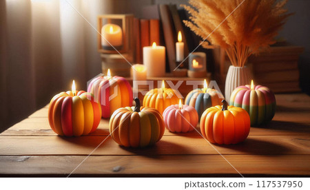 Halloween Background with Pumpkins and Burning Candles 117537950
