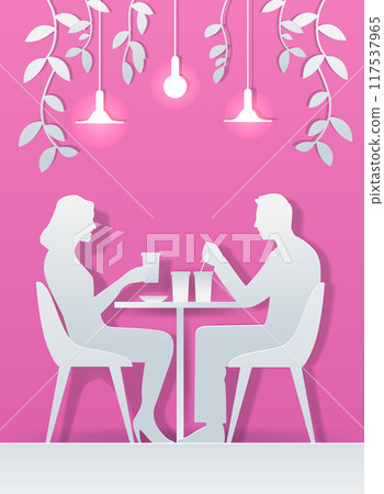 Couple dining at table in cafe paper cut style silhouettes with drinks pink background hanging lights leaves 117537965