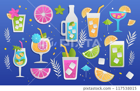 Colorful tropical cocktails summer drinks paper cut style vibrant fruits ice cubes leaves blue background 117538015
