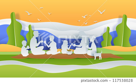 Family picnic scene paper cut style silhouettes enjoying outdoor meal with dog trees birds in background vibrant colors landscape 117538028