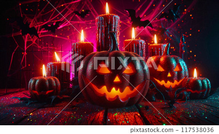 Red Halloween Background with Pumpkin Head Jack Lantern with Burning Candles Red Halloween Background with Pumpkin Head Jack Lantern with Burning Candles 117538036