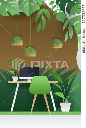 Home office workspace with plants modern desk green chair computer hanging lamps leaves brown background paper cut style Home office workspace with plants modern desk green chair computer hanging lamps leaves brown background paper cut style 117538055