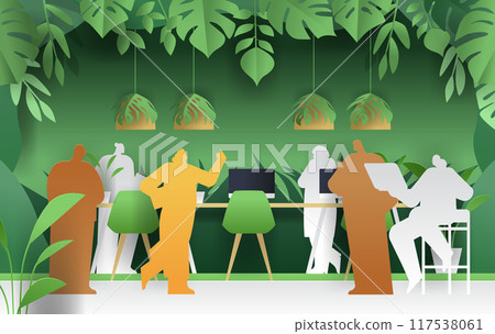 Office workspace with people working in a lush green environment with large leaves and hanging lamps silhouettes paper cut style Office workspace with people working in a lush green environment with large leaves and hanging lamps silhouettes paper cut style 117538061