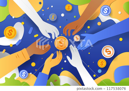 Hands reaching for coins financial collaboration concept. Diverse hands reaching for coins in a colorful paper cut style background with abstract shapes Hands reaching for coins financial collaboration concept. Diverse hands reaching for coins in a colorful paper cut style background with abstract shapes 117538076