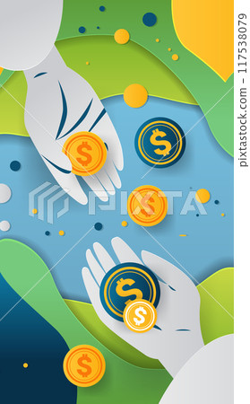 Hands holding coins financial concept colorful abstract background paper cut style Hands holding coins financial concept colorful abstract background paper cut style 117538079