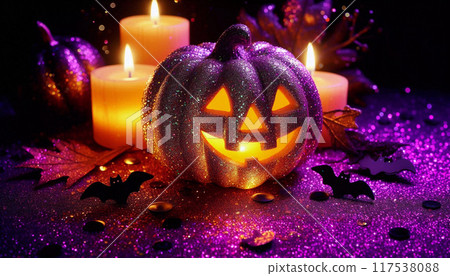 Purple Halloween Background with Pumpkin Head Jack Lantern with Burning Candles Purple Halloween Background with Pumpkin Head Jack Lantern with Burning Candles 117538088