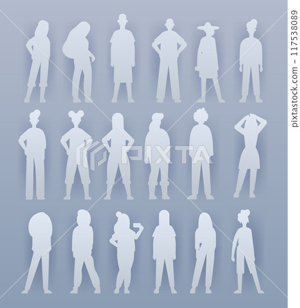 Silhouette figures of diverse people in various poses paper cut style grey background Silhouette figures of diverse people in various poses paper cut style grey background 117538089