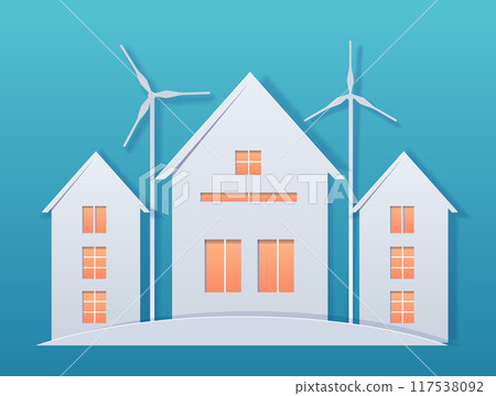 Eco-friendly houses with wind turbines paper cut style illustration. Three houses with orange windows and two wind turbines on a blue gradient background Eco-friendly houses with wind turbines paper cut style illustration. Three houses with orange windows and two wind turbines on a blue gradient background 117538092