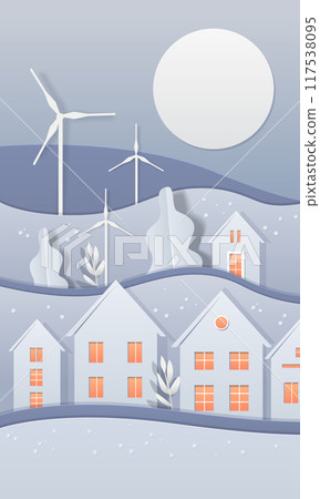 Wind turbines and houses in paper cut style landscape with hills trees and full moon Wind turbines and houses in paper cut style landscape with hills trees and full moon 117538095