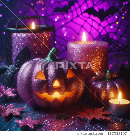 Purple Halloween Background with Pumpkin Head Jack Lantern with Burning Candles 117538107