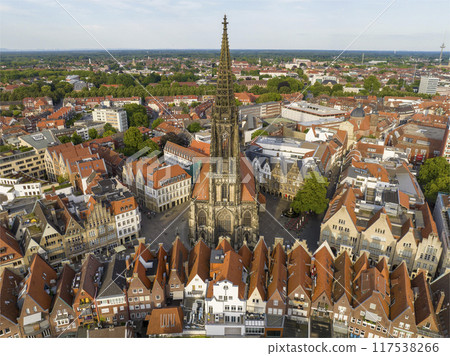 City of Muenster, Germany, Aerial Drone Shot of st. Lamberti Church. Munster in North Rhine Westphalia, NRW, Germany. City of Muenster, Germany, Aerial Drone Shot of st. Lamberti Church. Munster in North Rhine Westphalia, NRW, Germany. 117538266