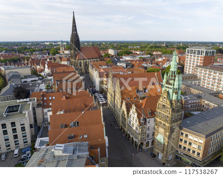 City of Muenster, Germany, Aerial Drone Shot of st. Lamberti Church. Munster in North Rhine Westphalia, NRW, Germany. 117538267