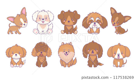 Cute dogs of different breeds collection. Funny pet of chihuachua, mongrel, spitz, poodle, pinscher, Shih Tzu. Isolated cartoon kawaii animal. Vector illustration. Kids collection 117538269