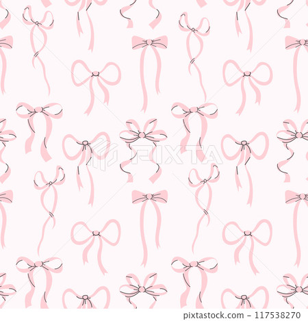 Coquette seamless pattern pink ribbon bow on light background. Trendy aesthetic patterned drawing Vector illustration 117538270