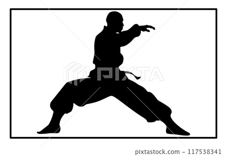 Wushu silhouettes set. Martial arts, wushu athletes. Different action 117538341