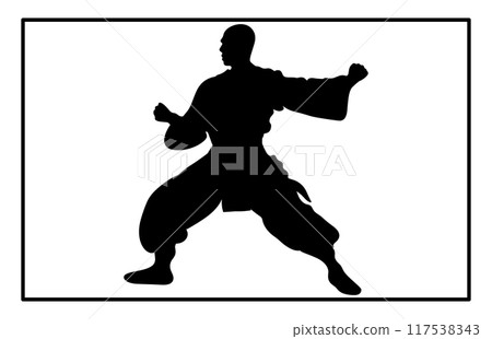 Wushu silhouettes set. Martial arts, wushu athletes. Different action 117538343
