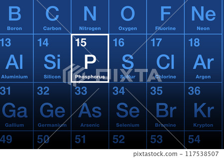 Phosphorus element on the periodic table. Chemical element with symbol P and atomic number 15. In Greek mythology the name means light-bearer, referring to Lucifer, the Morning Star, and planet Venus. 117538507