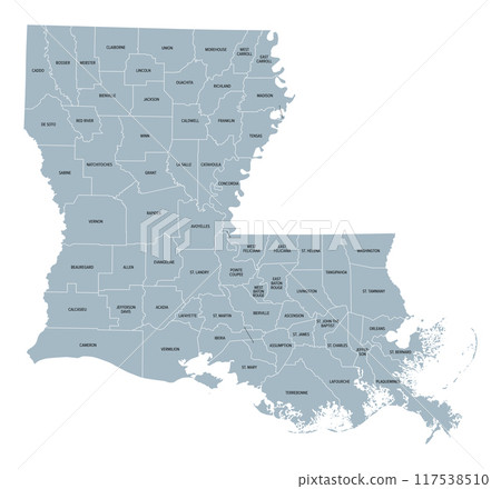Louisiana, U.S. state, gray political map with borders and parish names. State in the Deep South and South Central regions of the United States, subdivided into 64 parishes. Nicknamed Pelican State. 117538510