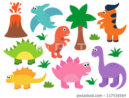 Collection of cute baby dinosaurs. Hand drawn brontosaurus, tyrannosaurus, pteranodon, pterodactyl. Set of flat cartoon vector illustrations isolated on white background. Collection of cute baby dinosaurs. Hand drawn brontosaurus, tyrannosaurus, pteranodon, pterodactyl. Set of flat cartoon vector illustrations isolated on white background. 117538564