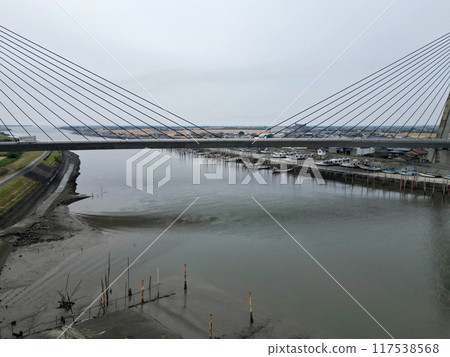 Aerial view of Yabe Ohashi Bridge, the longest bridge span in Japan Aerial view of Yabe Ohashi Bridge, the longest bridge span in Japan 117538568