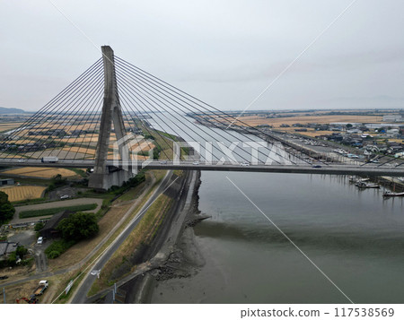 Aerial view of the Yabegawa Ohashi concrete cable-stayed bridge 117538569