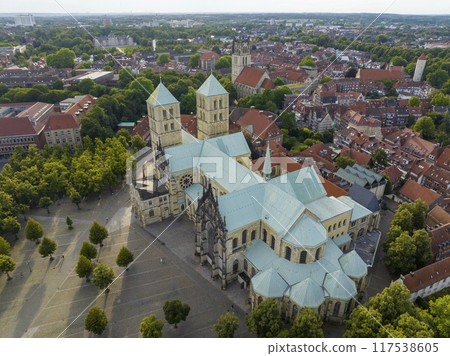 City of Muenster, Germany, Aerial Shot of St. Paulus Dom in Evening. Munster in North Rhine Westphalia, NRW, Germany. City of Muenster, Germany, Aerial Shot of St. Paulus Dom in Evening. Munster in North Rhine Westphalia, NRW, Germany. 117538605